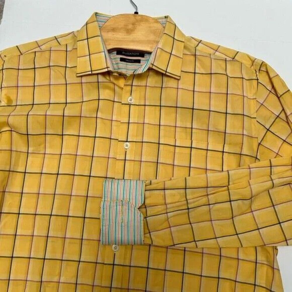 BUGATCHI Classic Fit Yellow‎ Plaid Stripes Flip Cuff Cotton LS Shirt XL